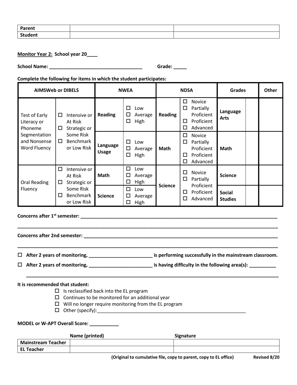 Monitoring Worksheet for Exited (Former) El Students - Title Iii  English Learner (El) Program - North Dakota, Page 2