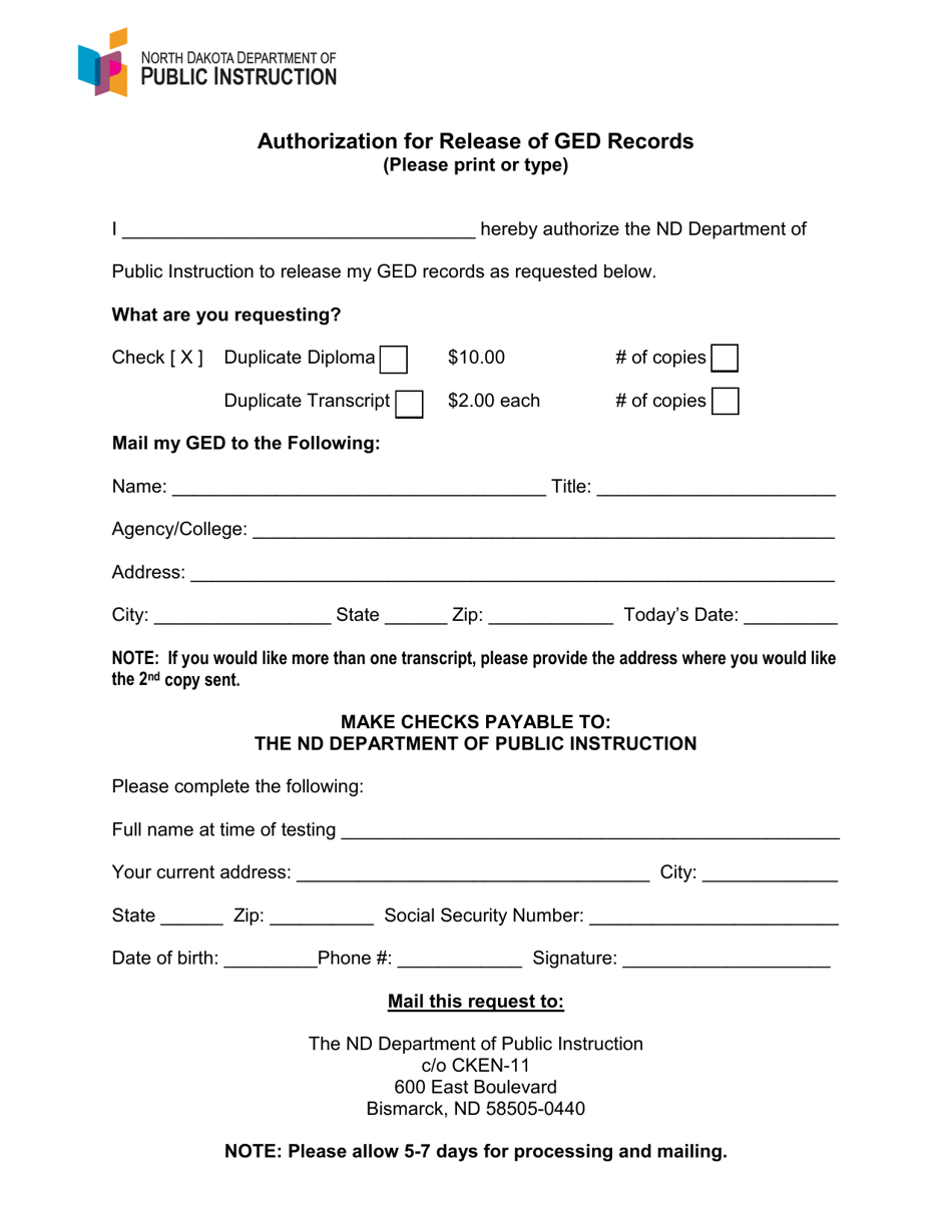 North Dakota Authorization for Release of Ged Records Download Fillable