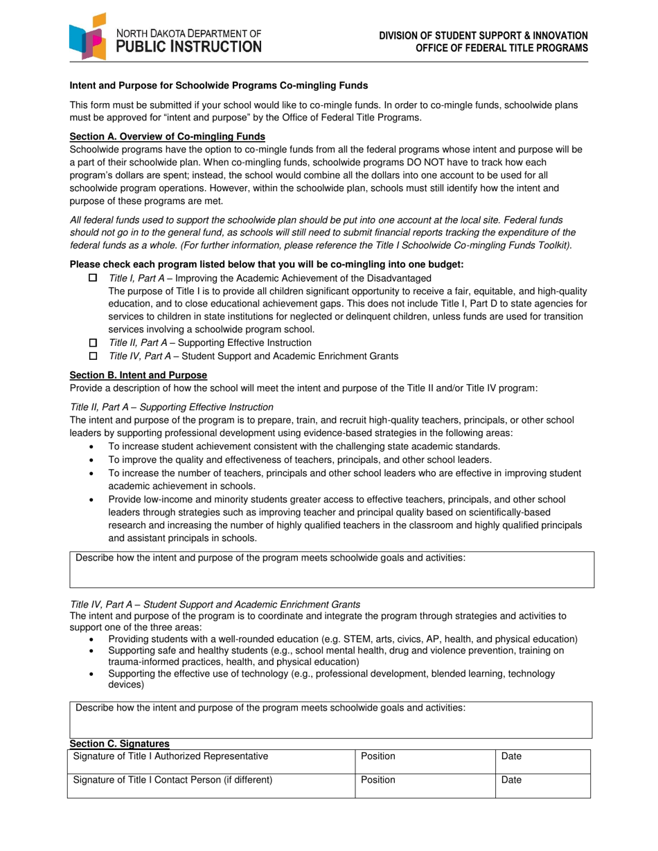 Intent and Purpose for Schoolwide Programs Co-mingling Funds - North Dakota, Page 1