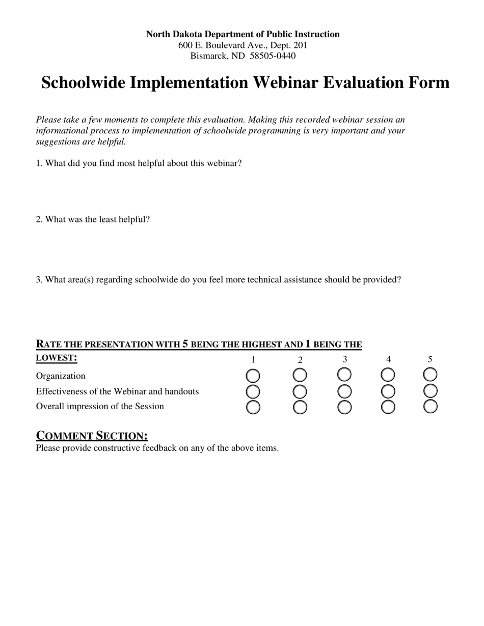 Schoolwide Implementation Webinar Evaluation Form - North Dakota, Page 1