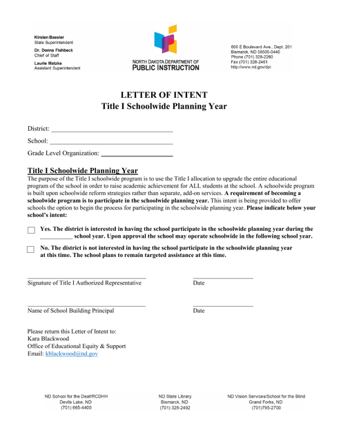Letter of Intent - Title I Schoolwide Planning Year - North Dakota Download Pdf