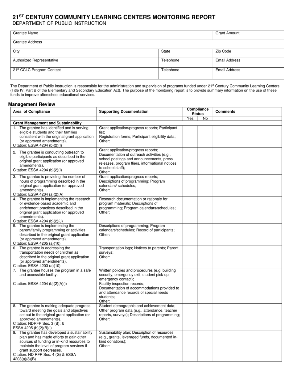 North Dakota 21st Century Community Learning Centers Monitoring Report ...