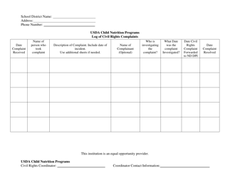Document preview: Usda Child Nutrition Programs Log of Civil Rights Complaint - North Dakota