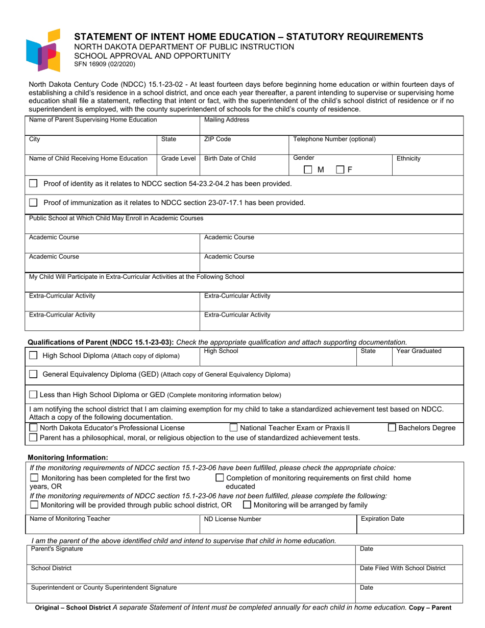 Form SFN16909 Statement of Intent Home Education - Statutory Requirements - North Dakota, Page 1