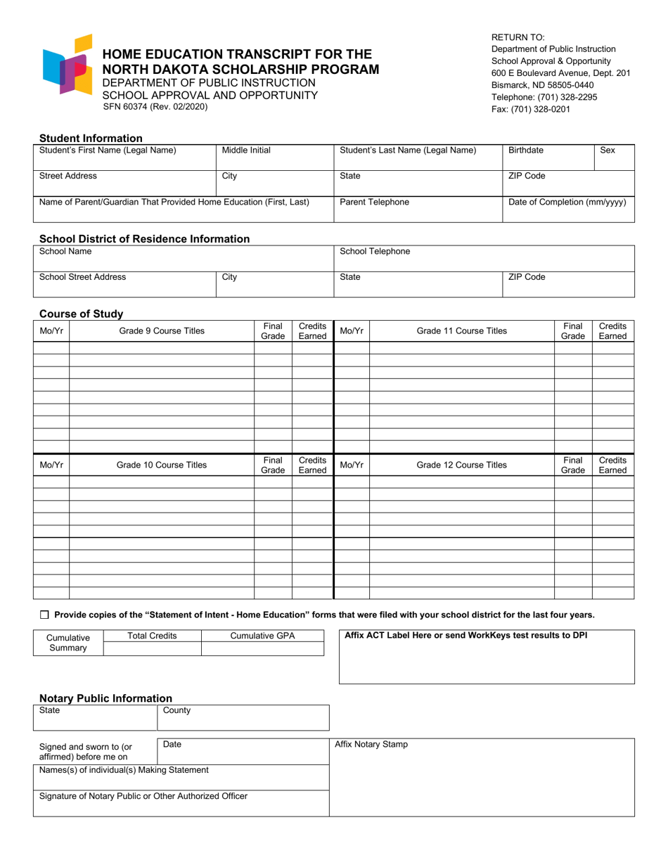 Form SFN60374 Home Education Transcript for the North Dakota Scholarship Program - North Dakota, Page 1