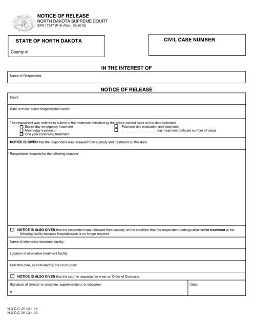 Form SFN17247 (F-4) Notice of Release - North Dakota