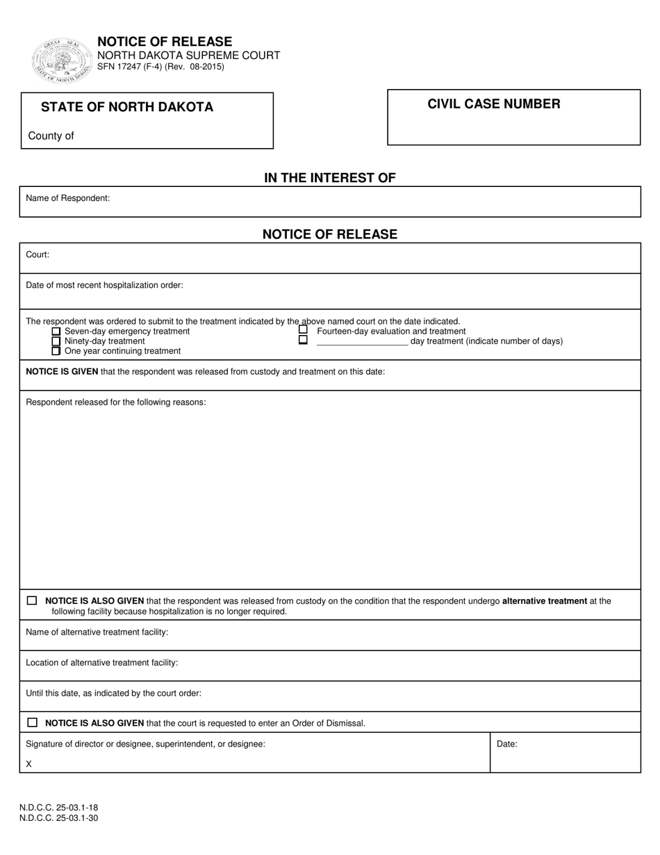 Form SFN17247 (F-4) Notice of Release - North Dakota, Page 1