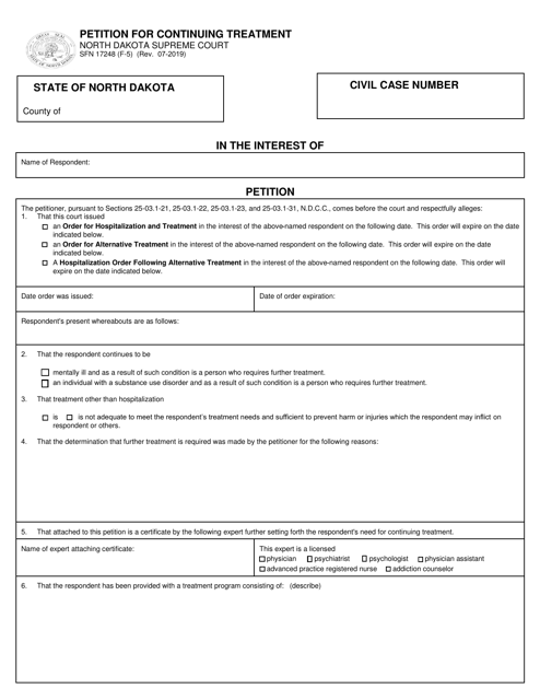 Form SFN17248 (F-5) Petition for Continuing Treatment - North Dakota