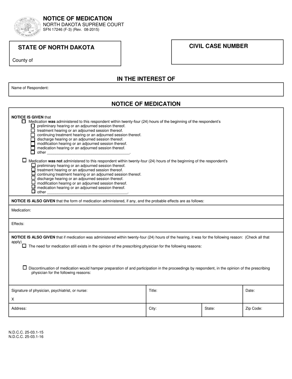 Form SFN17246 (F-3) Notice of Medication - North Dakota, Page 1
