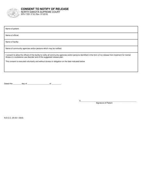 Form SFN17251 (F-8) Consent to Notify of Release - North Dakota