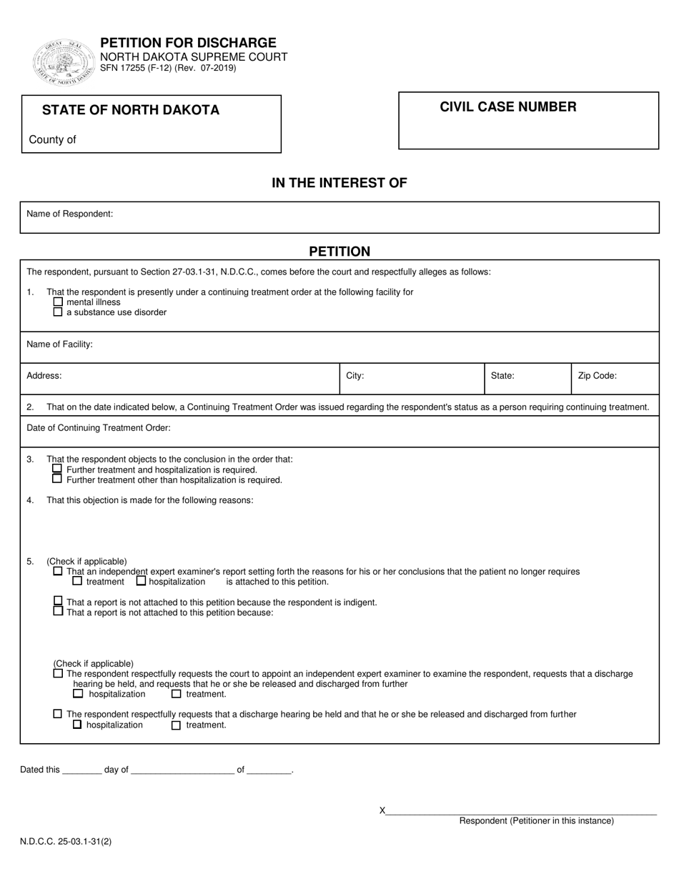 Form SFN17255 (F-12) Petition for Discharge - North Dakota, Page 1