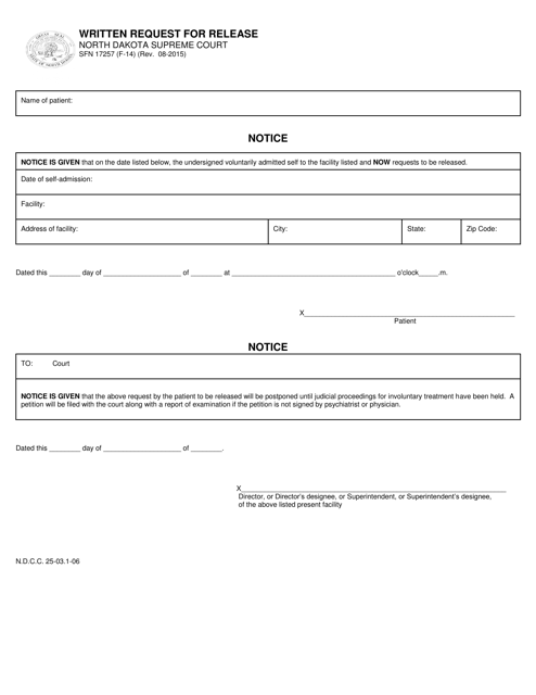 Form SFN17257 (F-14) Written Request for Release - North Dakota