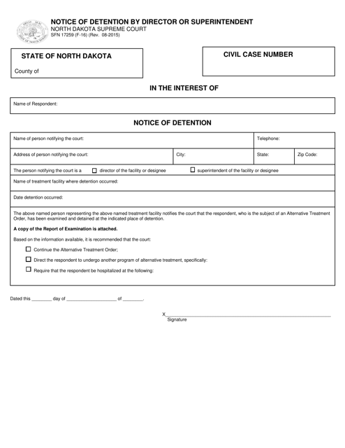 Form SFN17259 (F-16) Notice of Detention by Director or Superintendent - North Dakota