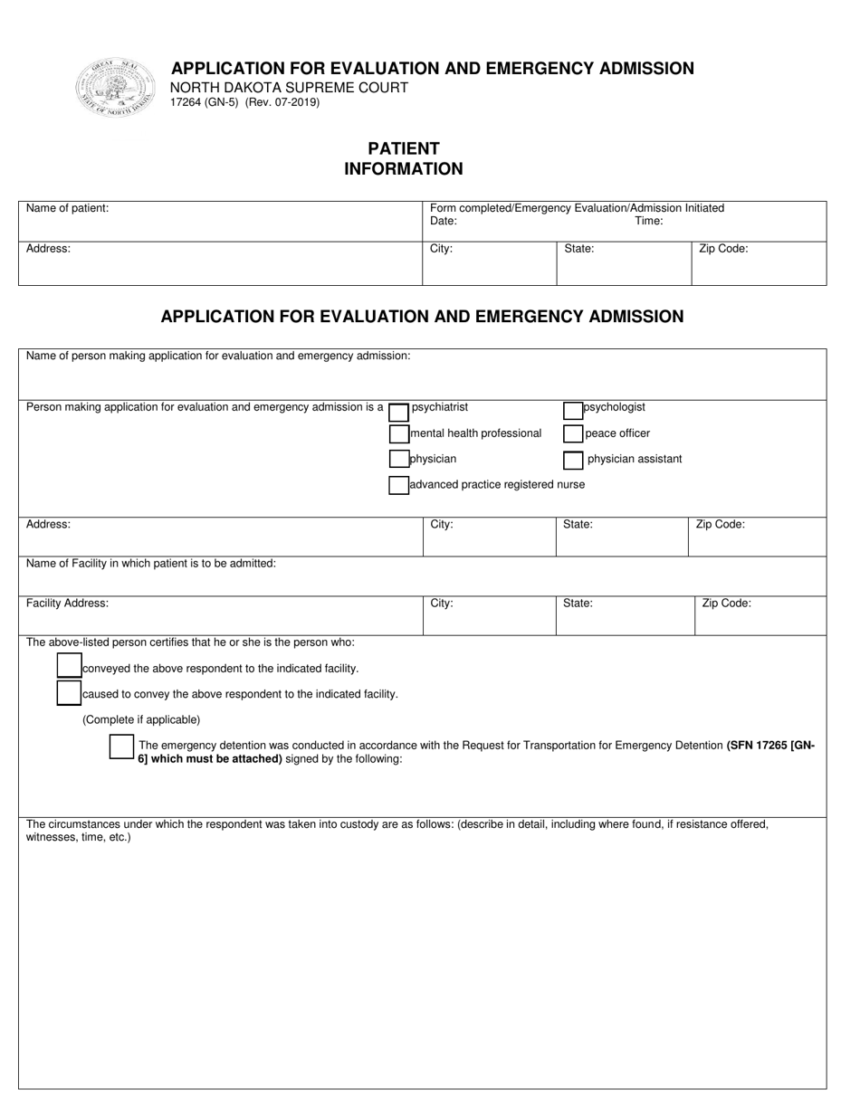 Form SFN17264 (GN-5) Application for Evaluation and Emergency Admission - North Dakota, Page 1