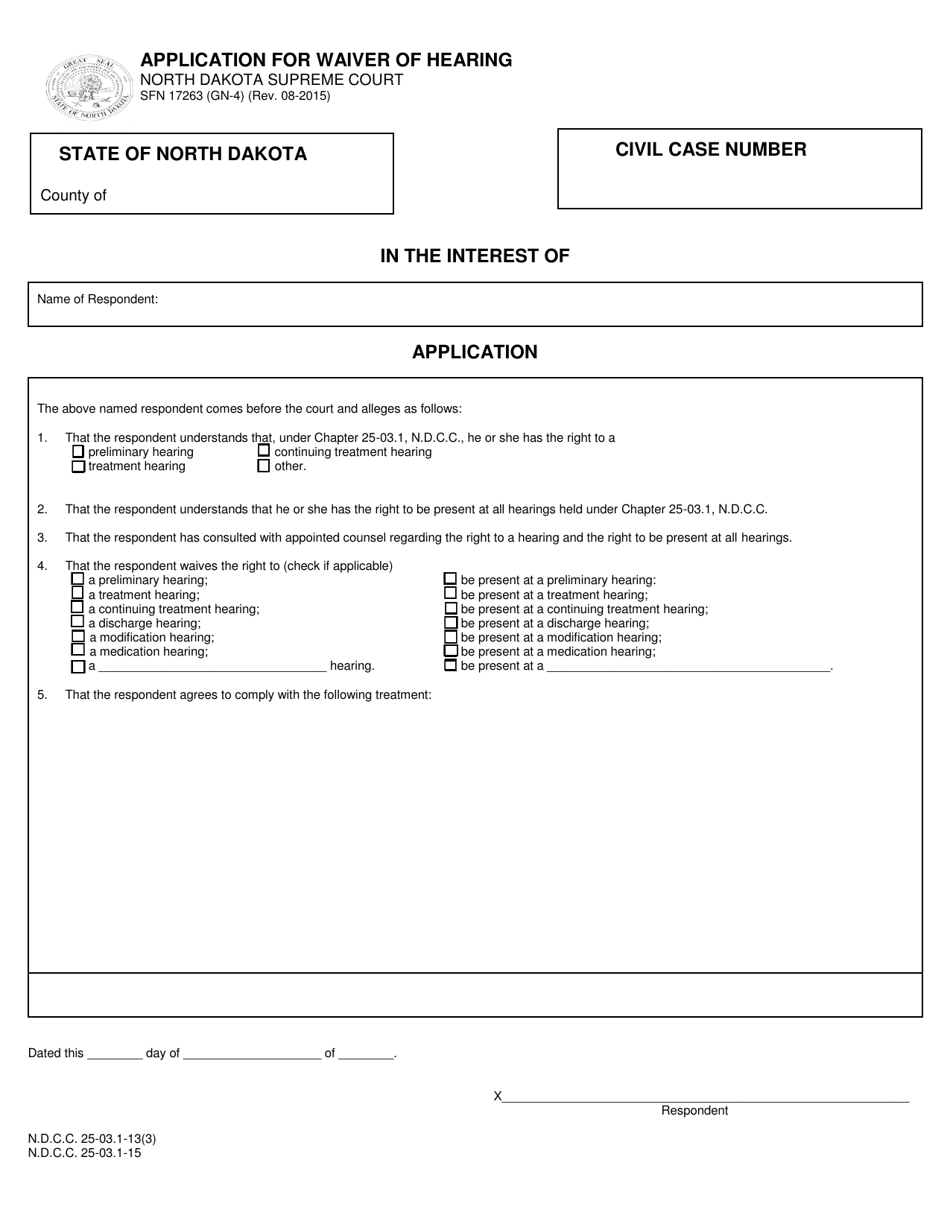 Form SFN17263 (GN-4) Application for Waiver of Hearing - North Dakota, Page 1
