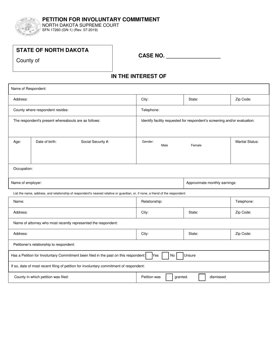 Form SFN17260 (GN-1) Petition for Involuntary Commitment - North Dakota, Page 1