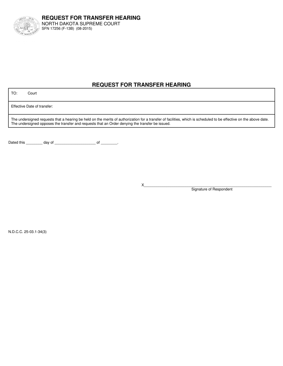 Form SFN17256 (F-13B) Request for Transfer Hearing - North Dakota, Page 1