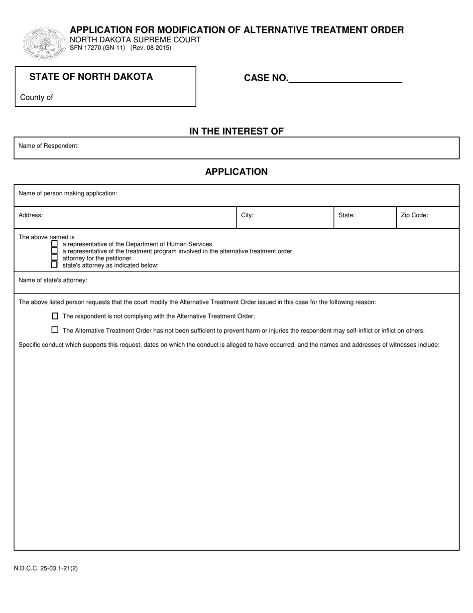 Form SFN17270 (GN-11) Application for Modification of Alternative Treatment Order - North Dakota, Page 1