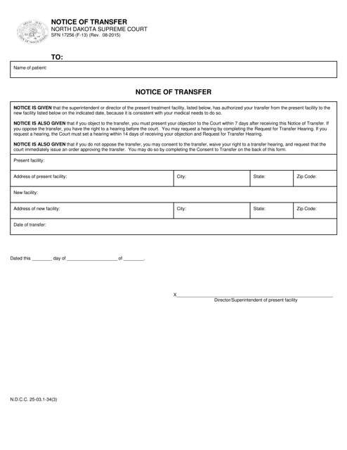 Form SFN17256 (F-13) Notice of Transfer - North Dakota