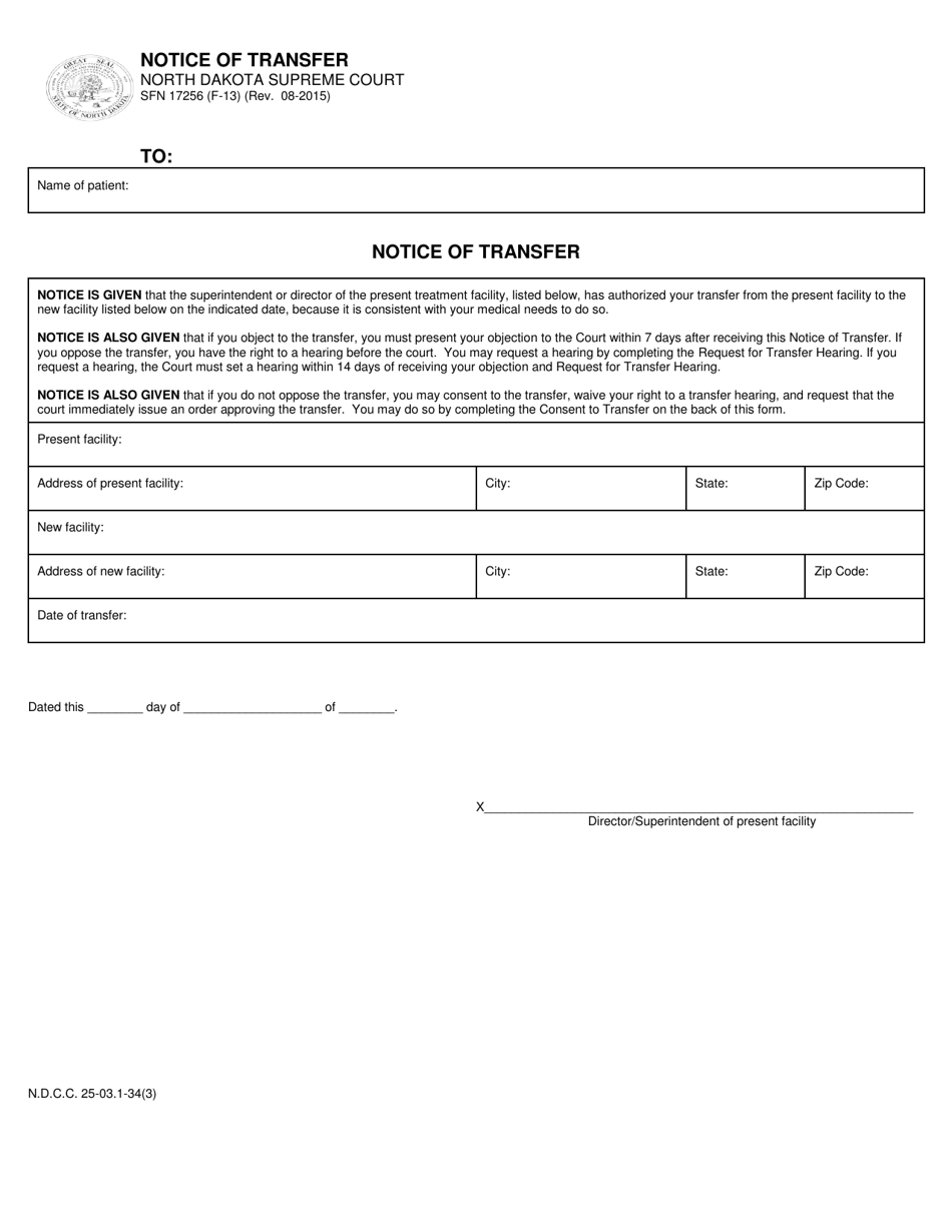 Form SFN17256 (F-13) Notice of Transfer - North Dakota, Page 1