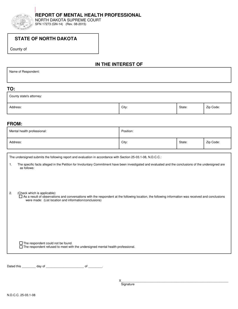 Form SFN17273 (GN-14) Report of Mental Health Professional - North Dakota, Page 1