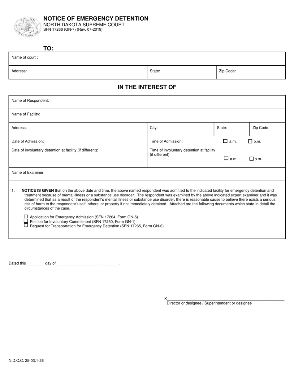 Form SFN17266 (GN-7) Notice of Emergency Detention - North Dakota, Page 1