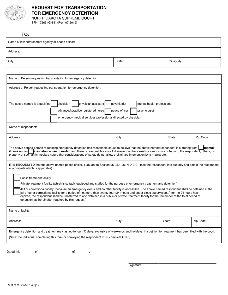 Form SFN17265 (GN-6) Request for Transportation for Emergency Detention - North Dakota, Page 1