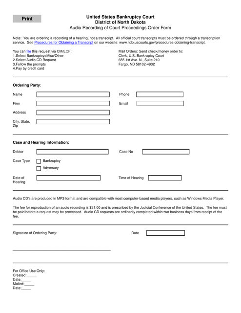 Audio Recording of Court Proceedings Order Form - North Dakota Download Pdf