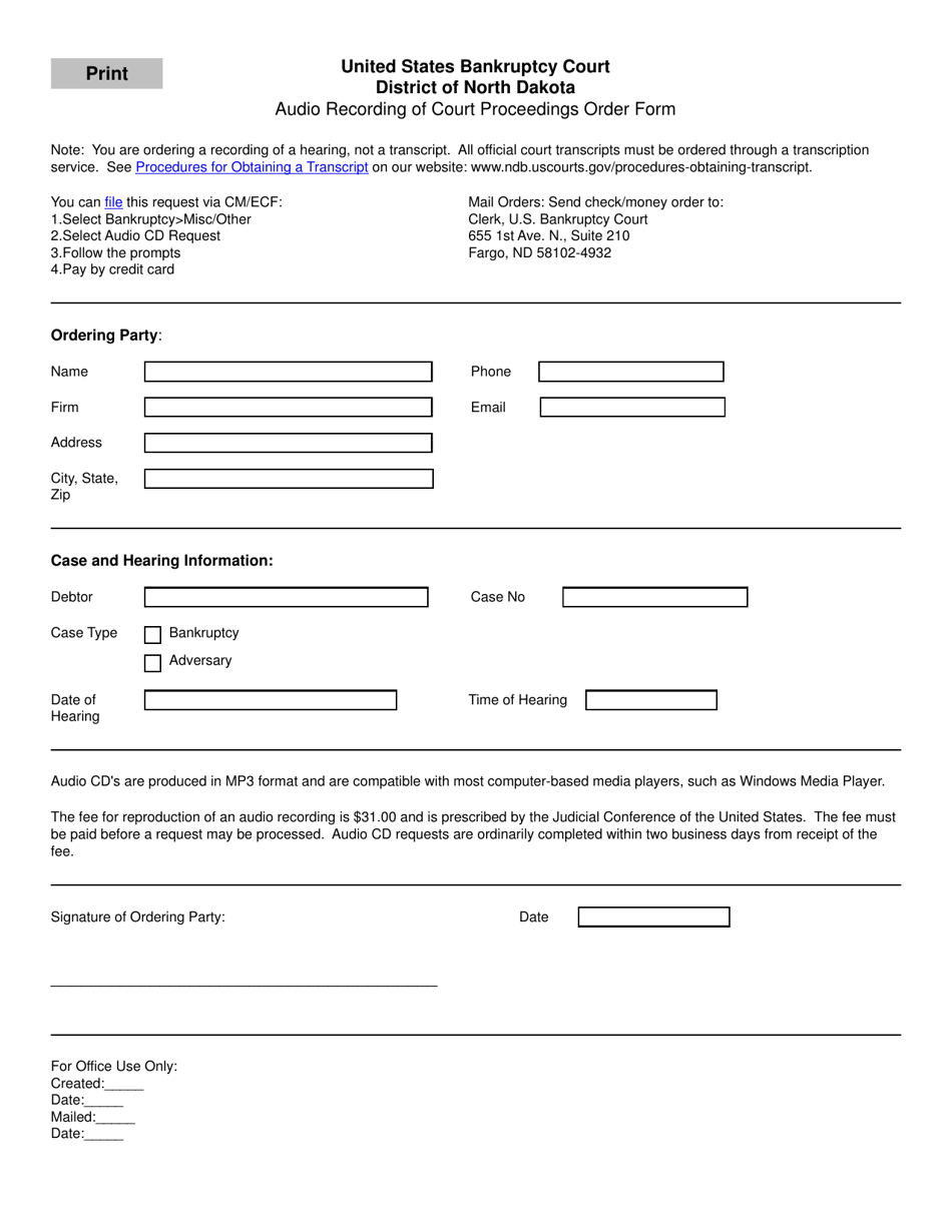 Audio Recording of Court Proceedings Order Form - North Dakota, Page 1