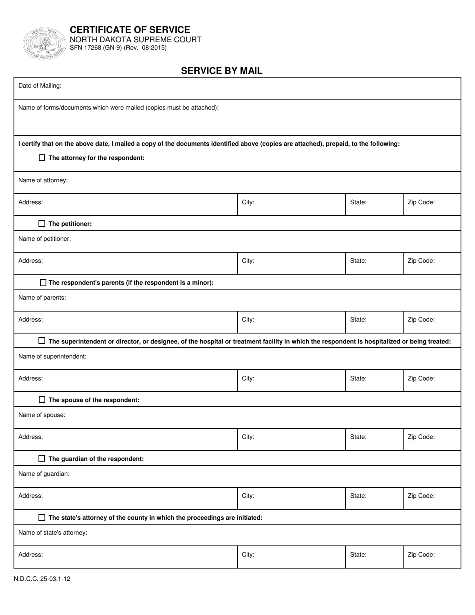 Form SFN17268 (GN-9) Certificate of Service - North Dakota, Page 1