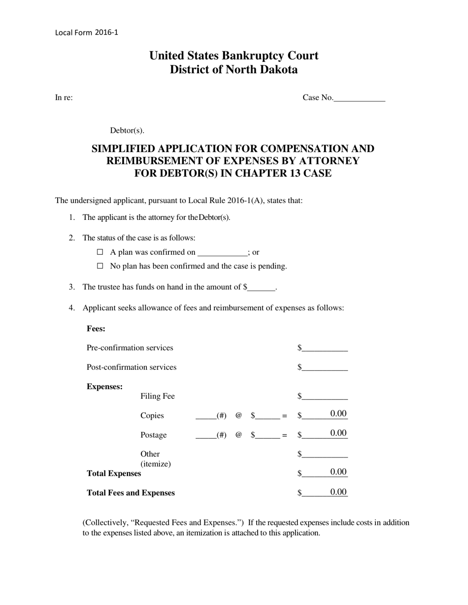 Local Form 2016-1 Simplified Application for Compensation and Reimbursement of Expenses by Attorney for Debtor(S) in Chapter 13 Case - North Dakota, Page 1