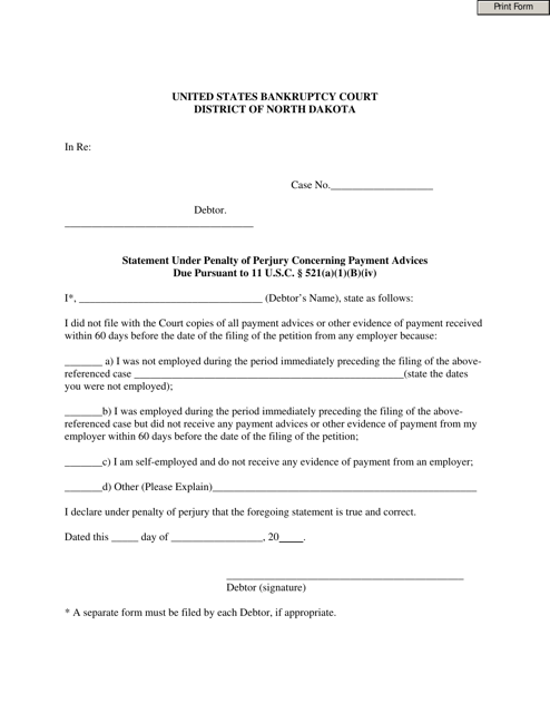 Statement Under Penalty of Perjury Concerning Payment Advices - North Dakota Download Pdf