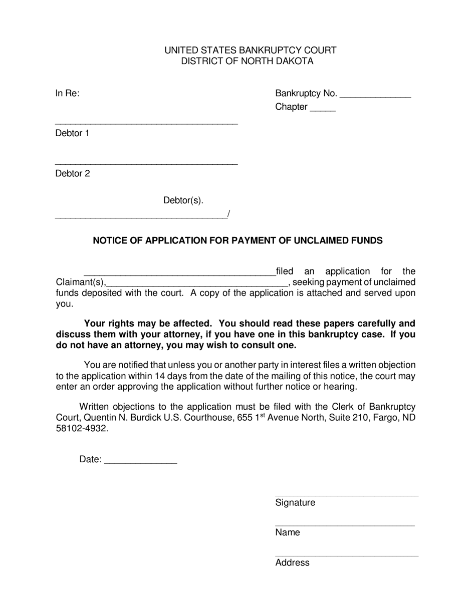 Notice of Application for Payment of Unclaimed Funds - North Dakota, Page 1