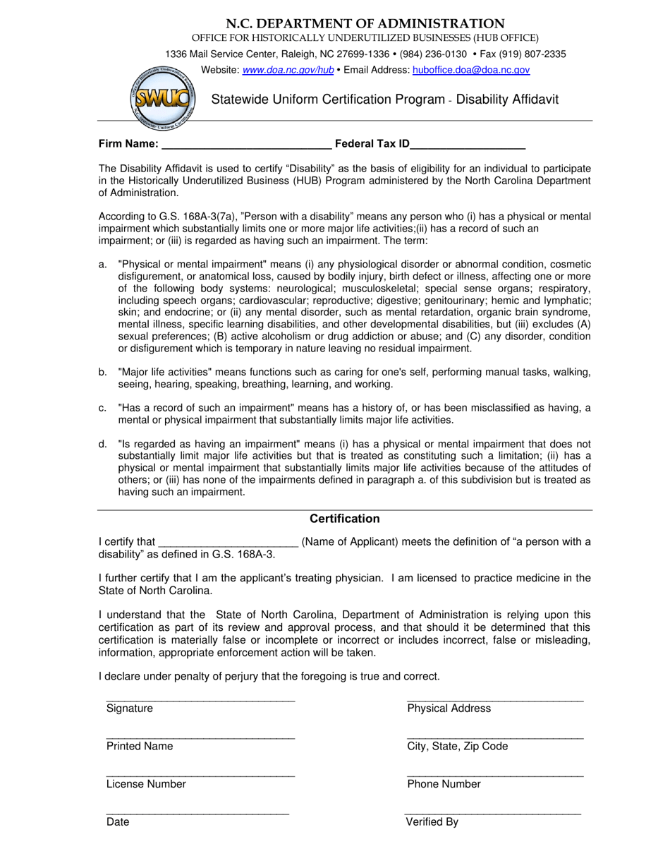 Disability Affidavit - Statewide Uniform Certification Program - North Carolina, Page 1