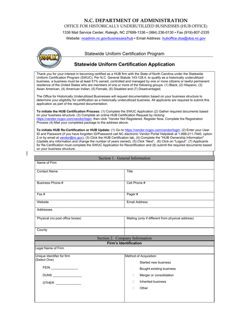 Statewide Uniform Certification Application - North Carolina Download Pdf
