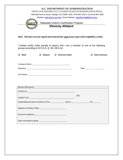 Ethnicity Affidavit - Statewide Uniform Certification Program - North Carolina Download Pdf