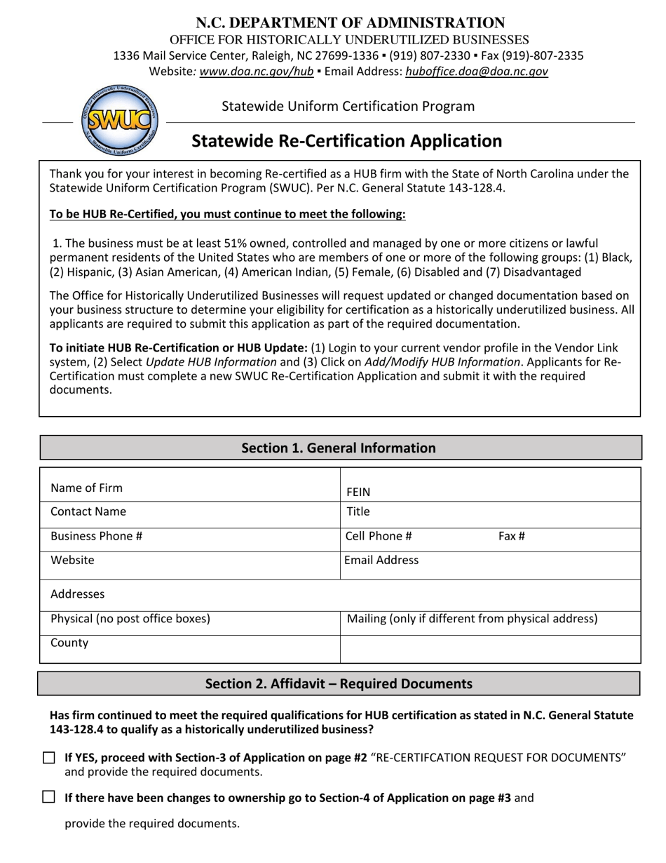 Statewide Re-certification Application - Statewide Uniform Certification Program - North Carolina, Page 1