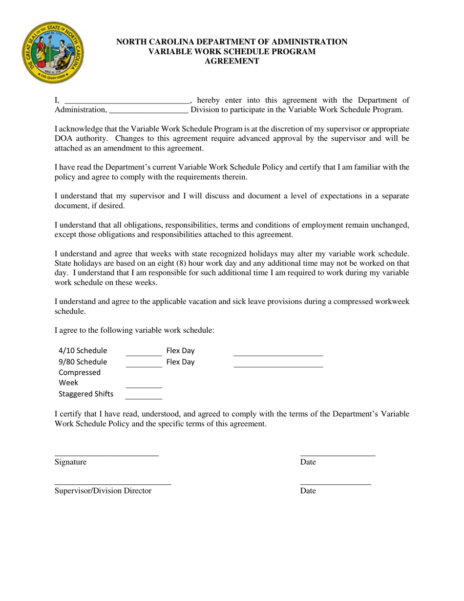 Variable Work Schedule Program Agreement - North Carolina, Page 1