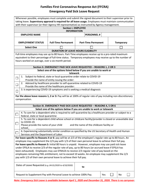 Families First Coronavirus Response Act (Ffcra) Emergency Paid Sick Leave Request - North Carolina Download Pdf