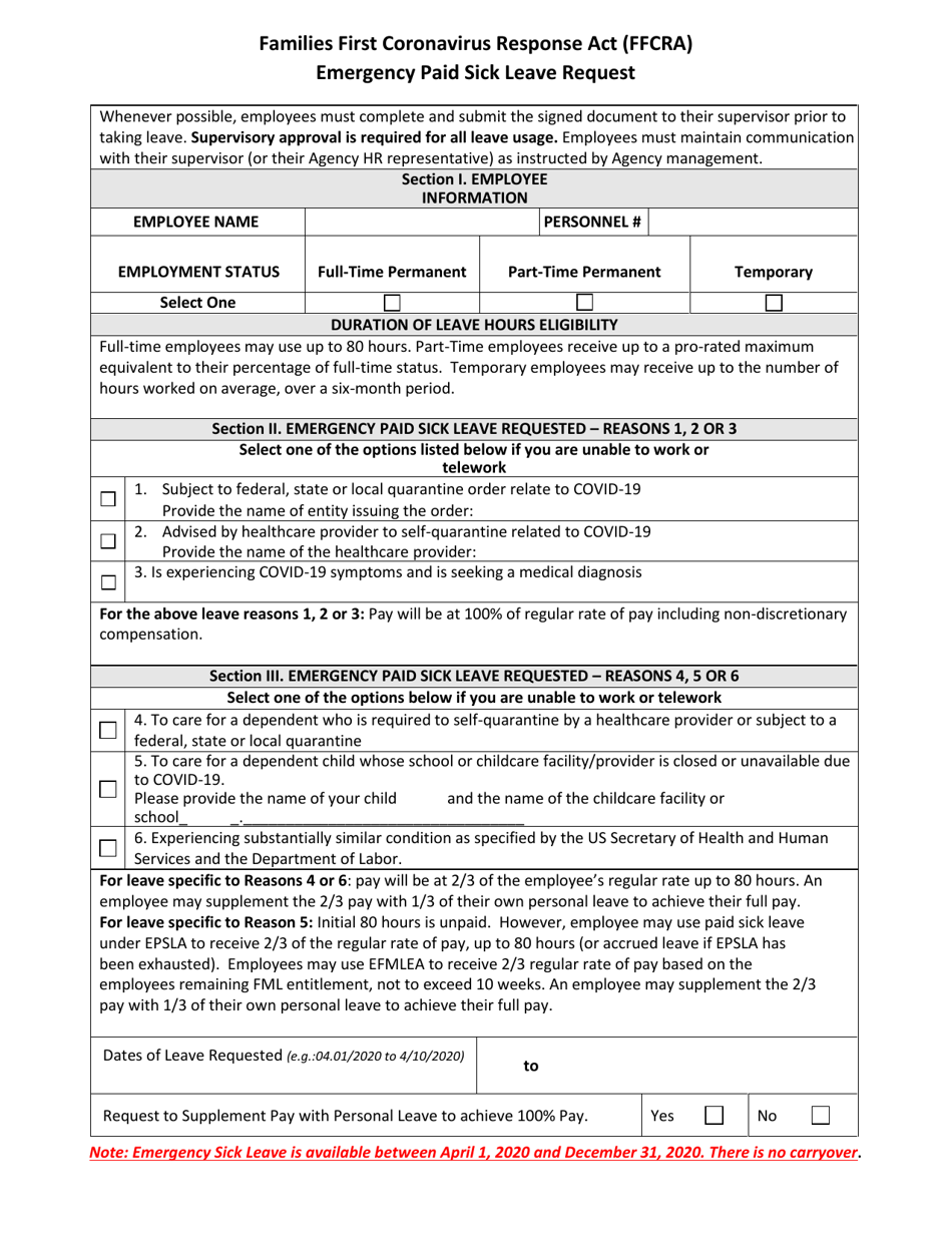 Families First Coronavirus Response Act (Ffcra) Emergency Paid Sick Leave Request - North Carolina, Page 1