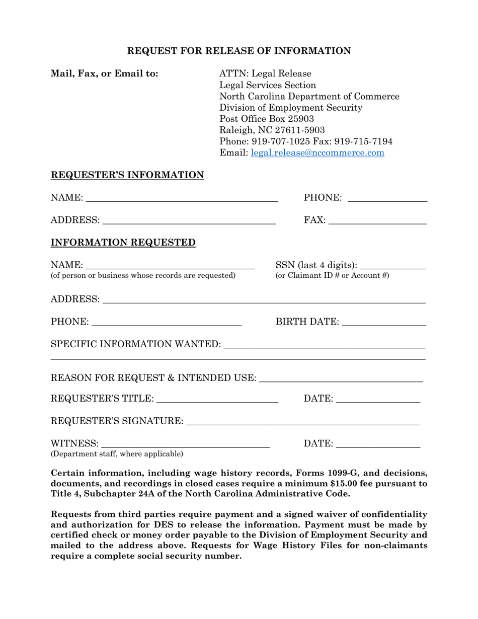 Request for Release of Information - North Carolina, Page 1