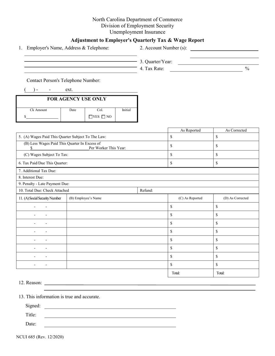 Form NCUI685 Adjustment to Employers Quarterly Tax  Wage Report - North Carolina, Page 1