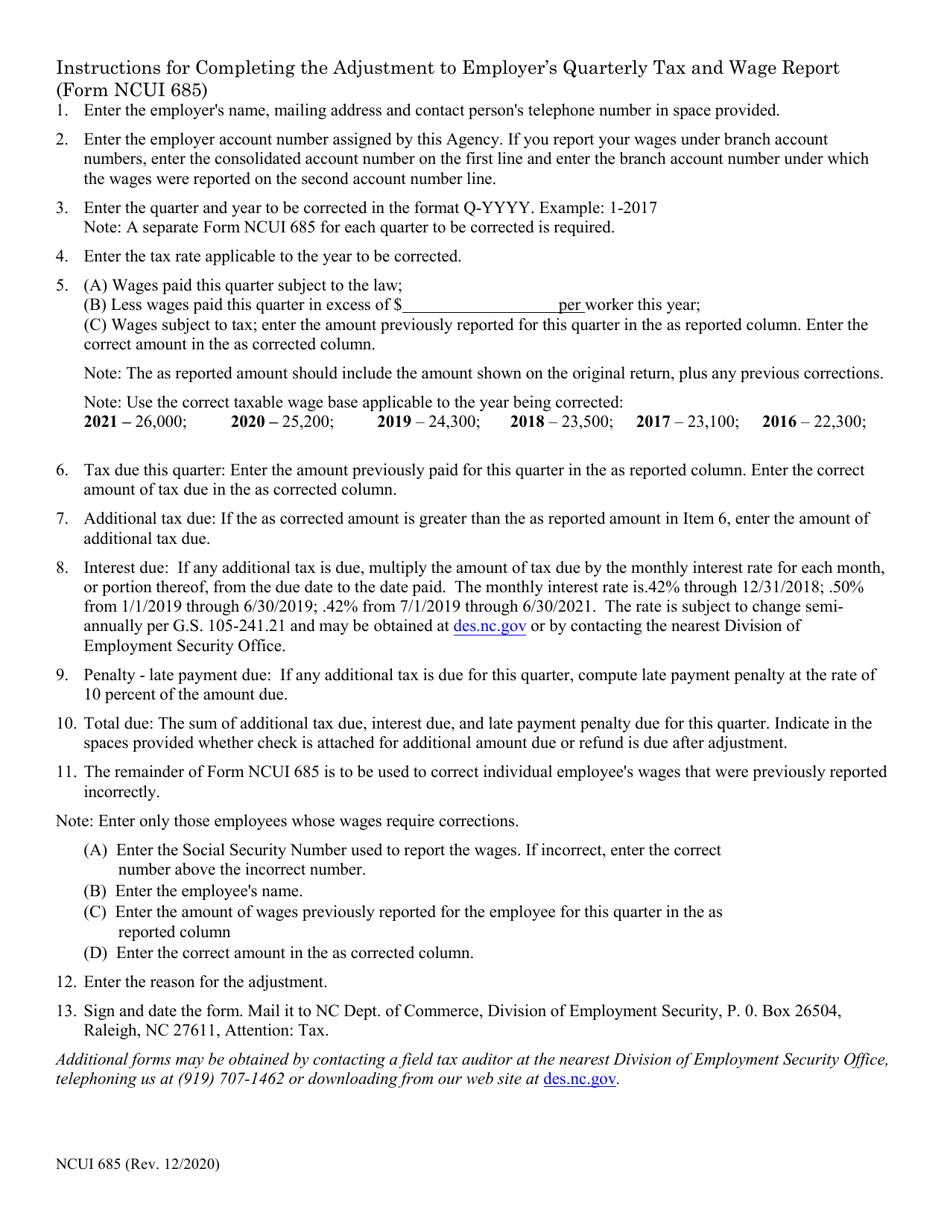 Form NCUI685 Adjustment to Employers Quarterly Tax  Wage Report - North Carolina, Page 2