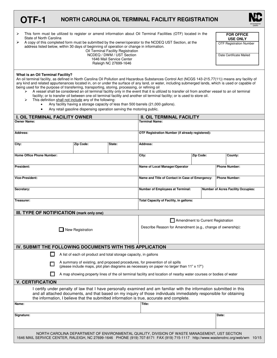 Form OTF-1 North Carolina Oil Terminal Facility Registration - North Carolina, Page 1
