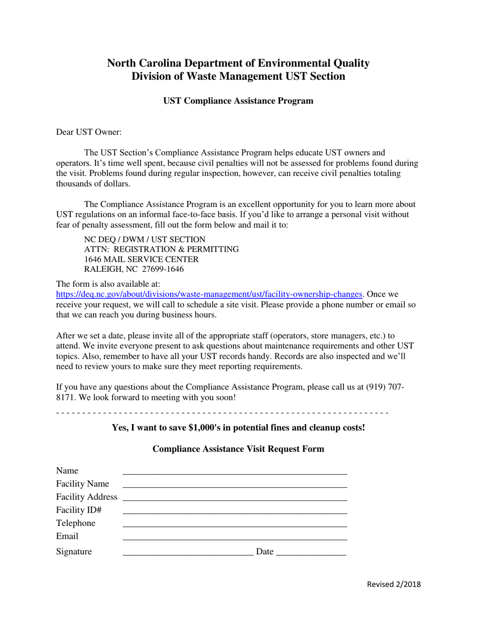 Compliance Assistance Visit Request Form - Ust Compliance Assistance Program - North Carolina, Page 1