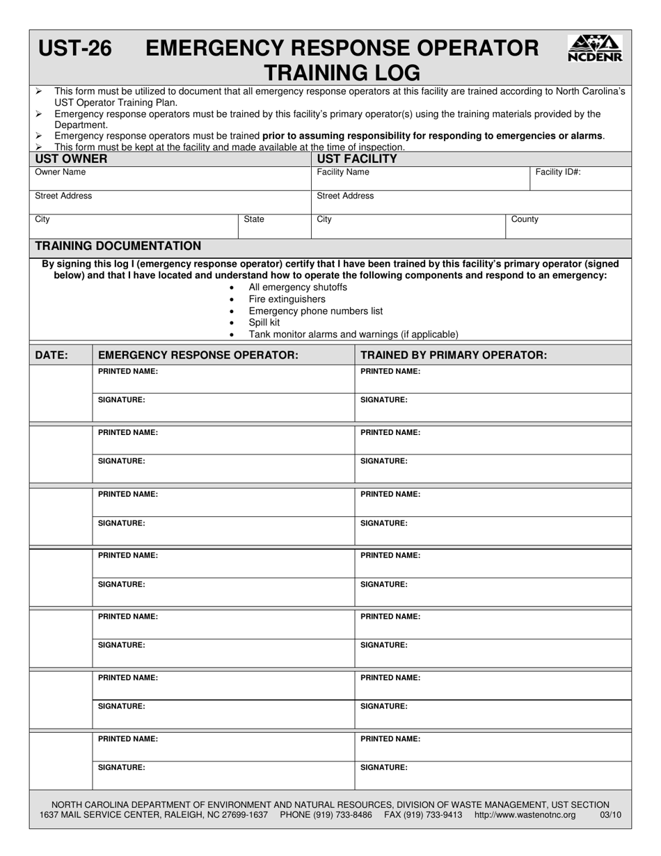 Form UST-26 Emergency Response Operator Training Log - North Carolina, Page 1