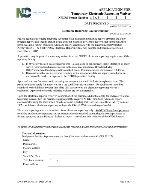 Application for Temporary Electronic Reporting Waiver - North Carolina