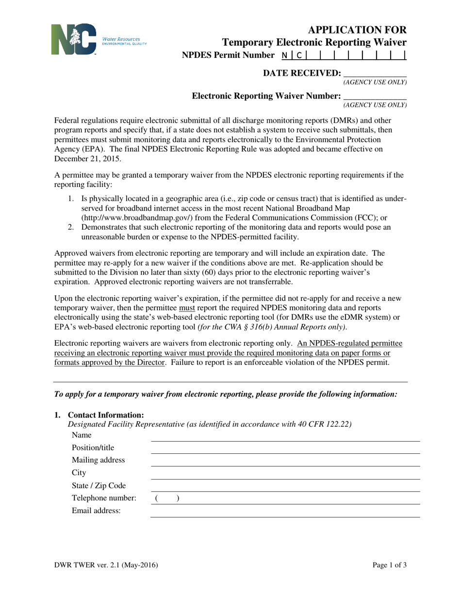 Application for Temporary Electronic Reporting Waiver - North Carolina, Page 1