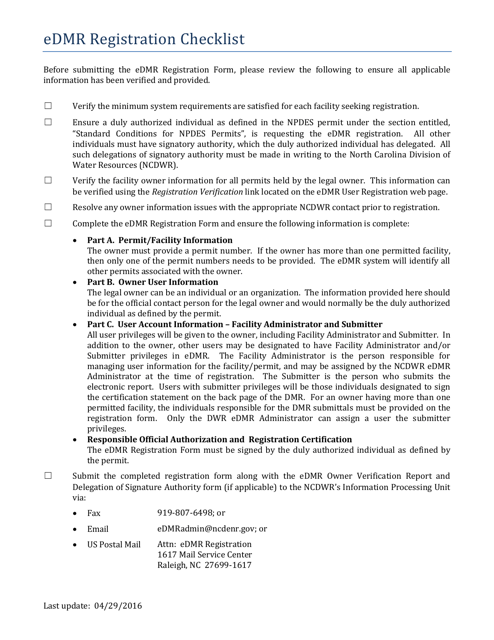 Edmr Registration Checklist - North Carolina