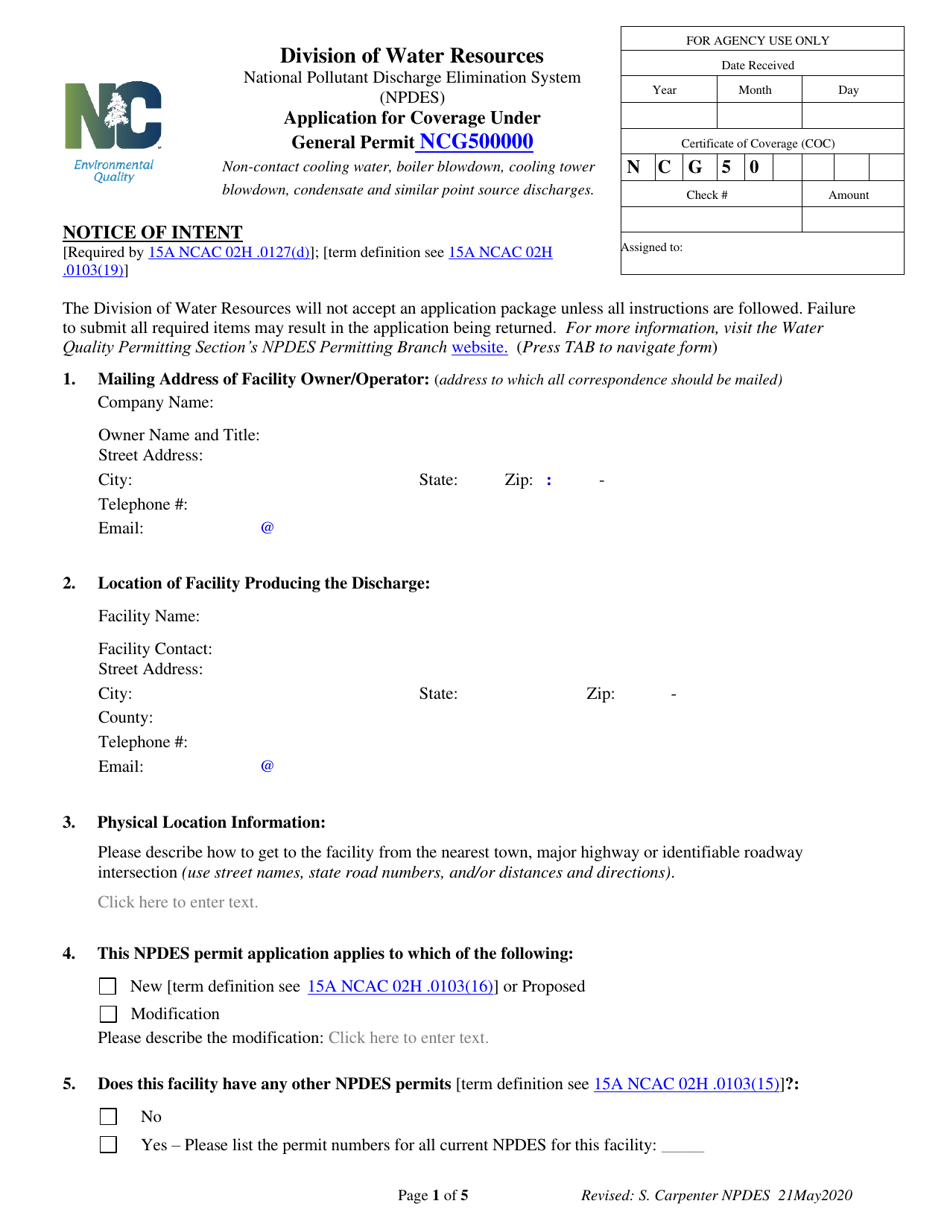 Application for Coverage Under General-Permit Ncg500000 - North Carolina, Page 1